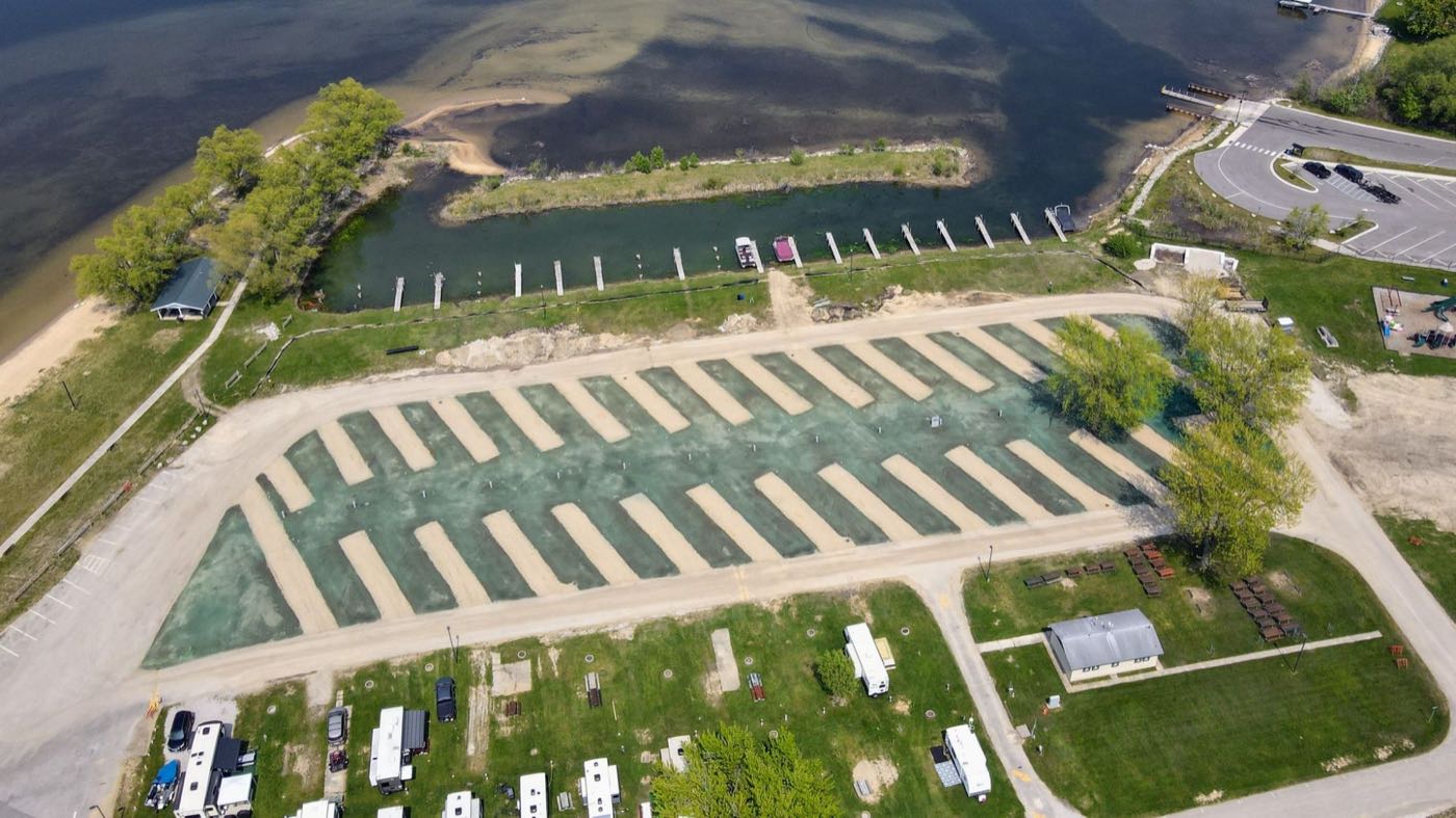 Aerial view of a Northern Michigan marina and campground