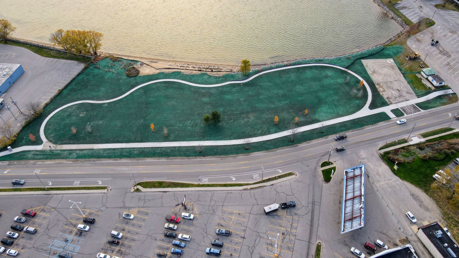 Aerial view of a large municipal hydroseed turf establishment project